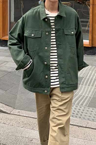 Guys Baggy Denim Jacket Plain Single Breasted Turn-down Collar Long Sleeves Denim Jacket