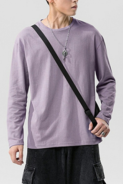 Guys Freestyle Tee Shirt Plain Round Collar Long Sleeve Regular Fitted T-Shirt