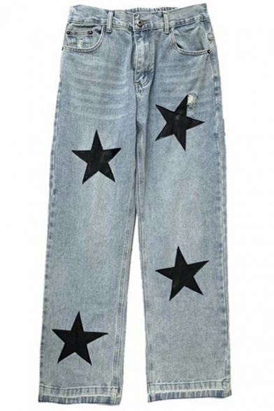 Guys Soft Jeans Star Printed Zipper Fly Mid Rise Pocket Detailed Flared Jeans