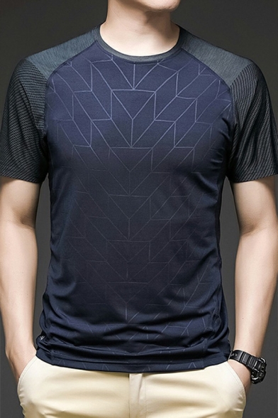 Men Casual Tee Top Geometric Pattern Crew Neck Long-Sleeved Regular Fit T-Shirt