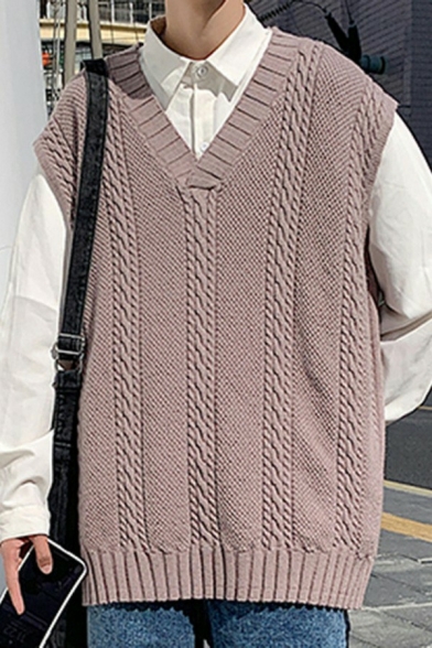 Men Classic Sweater Vest Pure Color V-Neck Cable Knit Sleeveless Loose Vest