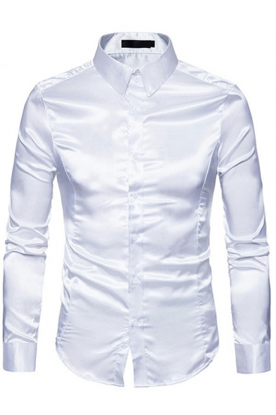 Men Dashing Shirt Pure Color Long-Sleeved Lapel Collar Button Closure Regular Fit Shirt