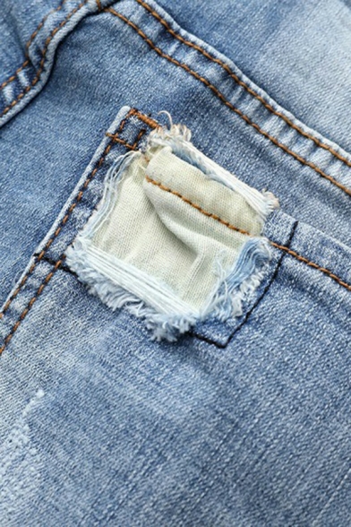 Men Retro Denim Pants Plain Zip Closure Distressed Pocket Detailed Loose Fit Denim Pants