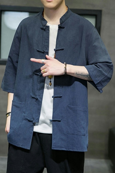 Men's Basic Designed Coat Stand Collar Button Designed Pocket 3/4 Sleeve Relaxed Coat