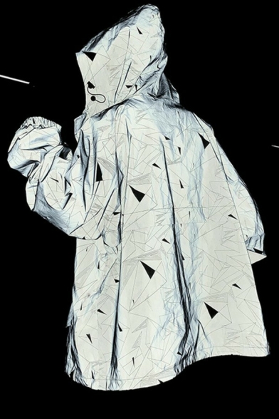Men's Novelty Coat Geometric Printed Reflective Zip Closure Long Sleeve Hooded Oversized Coat