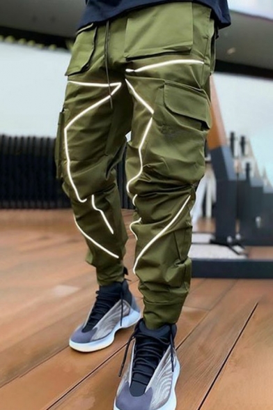 Men's Trendy Pants Color Block Line Pattern Elastic Waist Regular Fitted Pants with Pockets