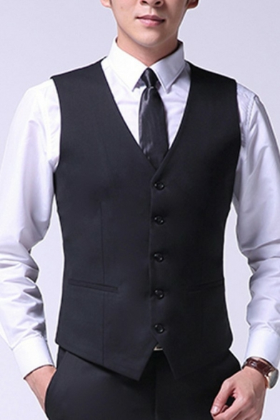 Modern Mens Vest Pure Color Sleeveless V-Neck Button Closure Regular Fitted Vest