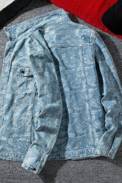 Popular Guys Jacket Plain Multi-Pocket Button Placket Turn-Down Collar Fit Denim Jacket