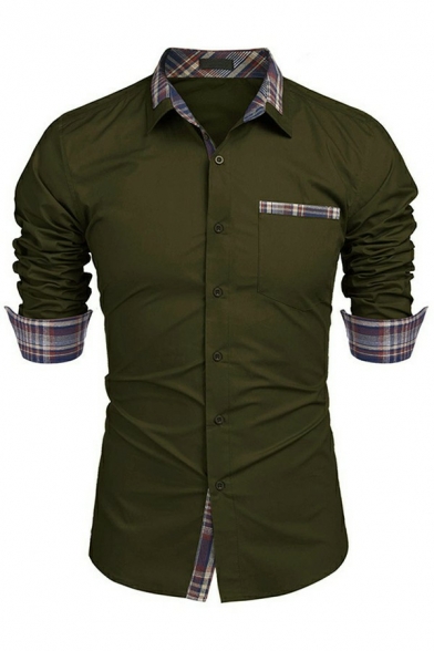 Popular Shirts Plaid Pattern Lapel Collar Long Sleeves Button Placket Slim Fitted Shirts for Mens