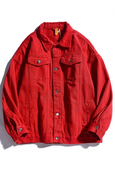 Simple Guys Jacket Plain Turn Down Collar Flap Pockets Loose Fit Button Up Cotton Denim Jacket