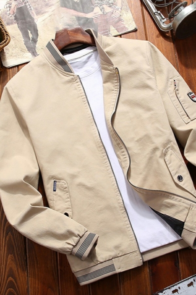 Simple Mens Bomber Jacket Solid Color Long-Sleeved Stand Collar Pocket Detailed Regular Fitted Bomber Jacket