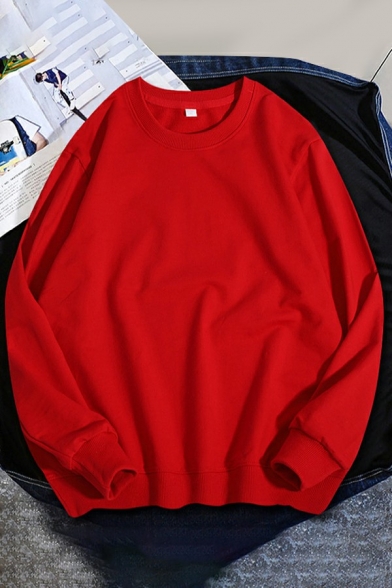 Street Look Sweatshirt Pure Color Long Sleeve Baggy Round Collar Sweatshirt for Boys