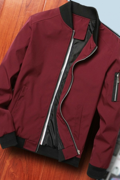 Stylish Jacket Contrast Stripe Print Stand Collar Long Sleeve Regular Zip Fly Bomber Jacket for Men