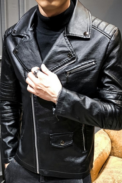 Stylish Jacket Solid Zip Detailed Pocket Design Long Sleeve Slim Fitted Leather Jacket for Guys