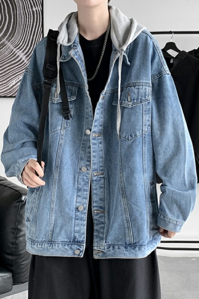 Stylish Mens Denim Jacket Pure Color Button Closure Long-Sleeved Turn down Collar Loose Jacket
