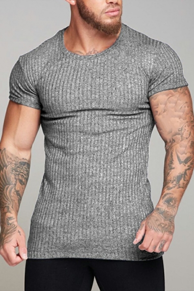 Stylish Mens Tee Top Pure Color V-Neck Short Sleeve Slim Fitted Tee Top