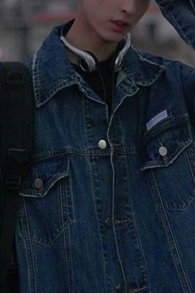 Trendy Guys Denim Jacket Plain Pocket Long Sleeve Lapel Collar Loose Button Closure Denim Jacket
