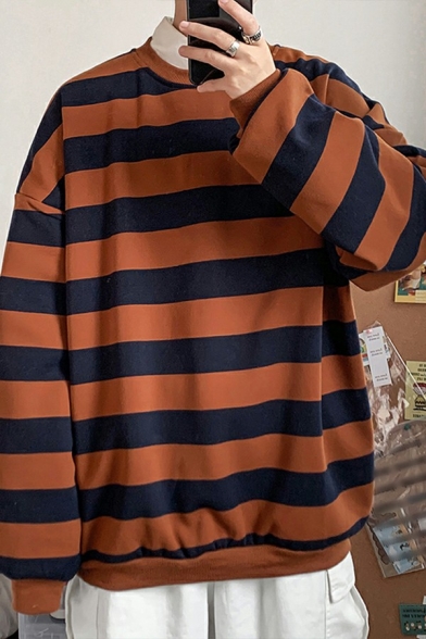 Trendy Guys Sweatshirt Striped Printed Color Block Crew Neck Long Sleeve Loose Fit Sweatshirt