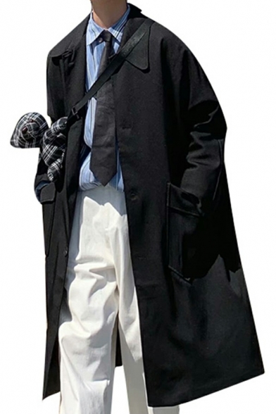 Urban Guy's Coat Whole Colored Long Sleeve Turn-down Collar Baggy Knee Length Button Closure Trench Coat