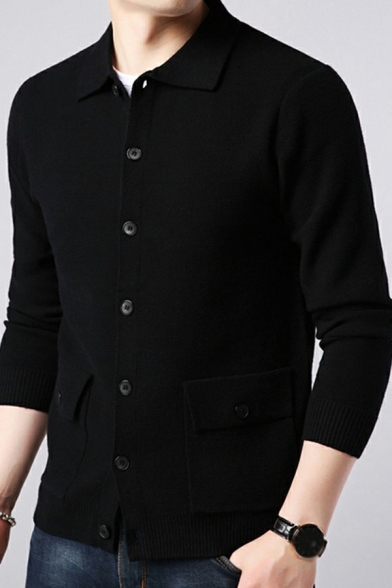 Basic Cardigan Pure Color Lapel Collar Long Sleeve Button Closure Flap Pockets Fitted Knit Cardigan for Men