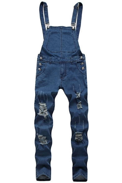 Casual Guys Overall Solid Color Distressed Washed Effect Tight-Fit Denim Overall