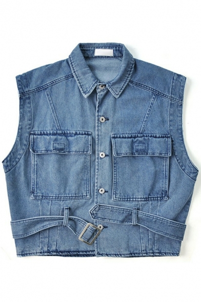 Casual Mens Vest Solid Color Spread Collar Button Closure Chest Pockets Relaxed Fitted Denim Vest