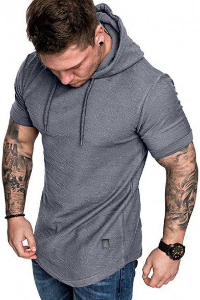 Chic T Shirt Pure Color Drawcord Curved Hem Detailed Short Sleeves Skinny Hooded Tee Shirt for Men