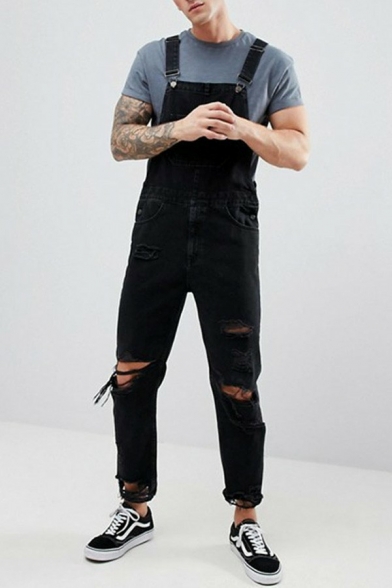 Cool Guy's Overall Solid Color Ripped Detail Ankle Length Overall