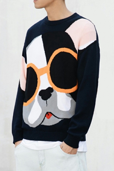 Cool Pullover Carton Pattern Round Neck Oversized Long Sleeves Pullover for Guys