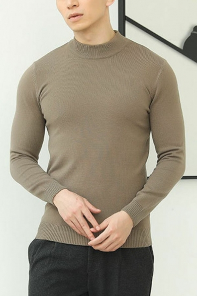 Cozy Sweater Whole Colored Rib Hem Round Neck Slimming Long Sleeves Sweater Top for Men