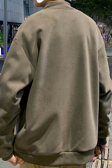 Edgy Mens Sweatshirt Solid Color Stand Collar Zip Placket Long Sleeve Loose Fit Sweatshirt