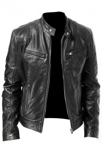Fancy Men Coat Plain Pocket Designed Stand Collar Long Sleeve Regular Zip Closure Leather Coat