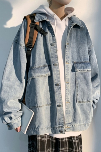 Fashionable Mens Denim Jacket Bleach Solid Color Spread Collar Long Sleeves Flap Pockets Loose Denim Jacket