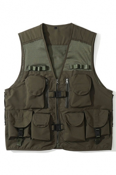 Fashionable Mens Vest Solid Color Zip Closure Pocket Detailed Regular Fitted Vest