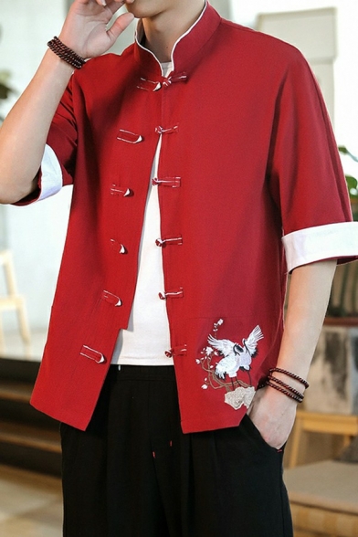 Freestyle Men Jacket Red-crowned Crane Pattern Half Sleeve Stand Collar Loose Button Placket Jacket
