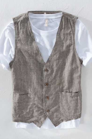 Guy's Fancy Suit Vest Striped Print V Neck Sleeveless Regular Fit Button Fly Suit Vest