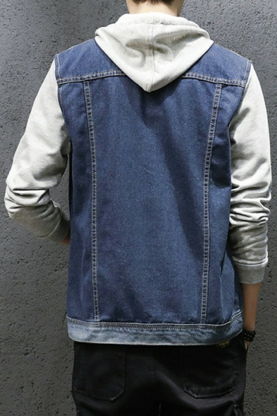 Guy's Novelty Jacket Fake Two Piece Drawcord Loose Long Sleeves Button Down Hooded Denim Jacket