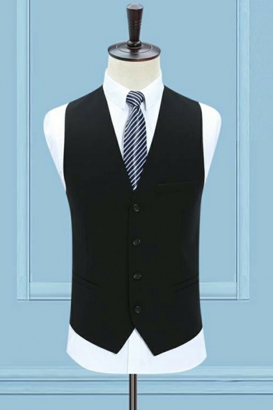 Guys Edgy Suit Vest Plain Button Placket V-Neck Pocket Detail Slimming Suit Vest