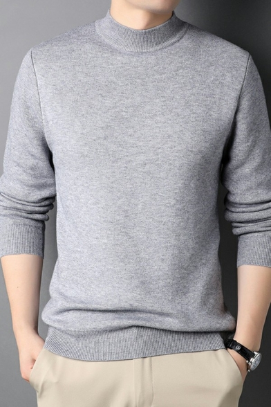 Guys Retro Sweater Plain Mock Neck Long Sleeves Regular Fitted Sweater