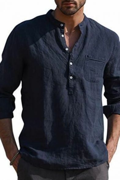 Hot Guys Shirt Solid Stand Collar Long-Sleeved Regular Fit Half Button Placket Shirt