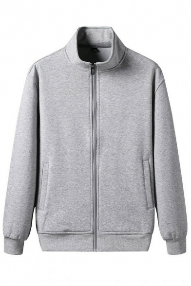 Men Cool Hoody Solid Color Stand Collar Full Zip Front Pocket Long Sleeve Regular Fitted Hoody