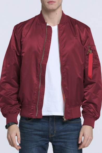 Men Edgy Bomber Jacket Pure Color Stand Collar Zip Pocket Long Sleeves Regular Zipper Baseball Jacket