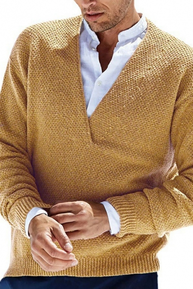 Men Modern Sweater Solid Color Long Sleeve V-Neck Rib Cuffs Regular Fitted Sweater