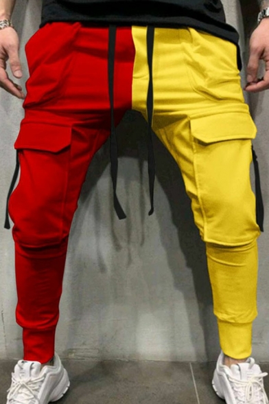 Men Retro Pants Contrast Color Drawstring Elastic Waist Flap Pocket Slim Fit Pants