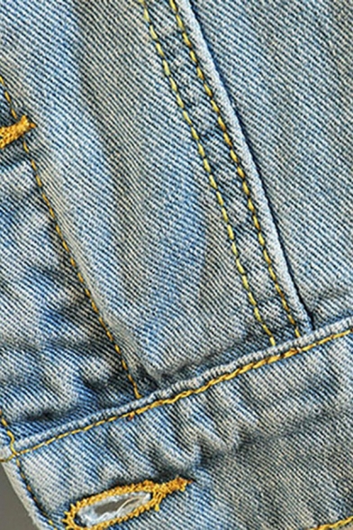 Men's Hip-hop Jacket Solid Color Ripped Button Up Pocket Turn-down Collar Baggy Denim Jacket