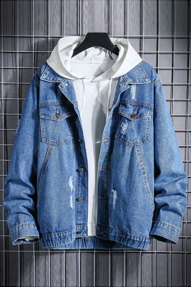 Men's Urban Jacket Pure Color Ripped Elasticated Hem Single Breasted Loose Fitted Denim Jacket