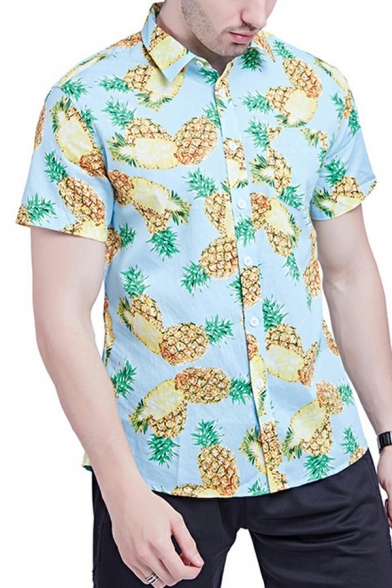 Men Stylish Shirt Pineapple Printed Short Sleeves Lapel Collar Button Closure Regular Shirt