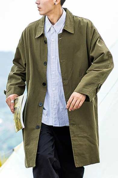 Mens Stylish Coat Solid Turn-down Collar Regular Long Sleeve Button Down Trench Coat