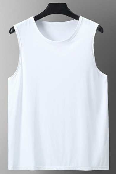 Mens Trendy Tank Top Pure Color Sleeveless Round Neck Straight Hem Relaxed Fitted Tank Top