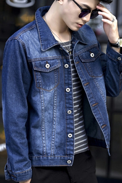 Modern Mens Denim Jacket Pure Color Button down Long-Sleeved Turn down Collar Fitted Jacket